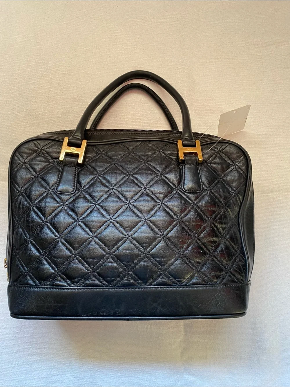 MCM Black Quilted Leather Top-Handle Briefcase with Gold Plaque